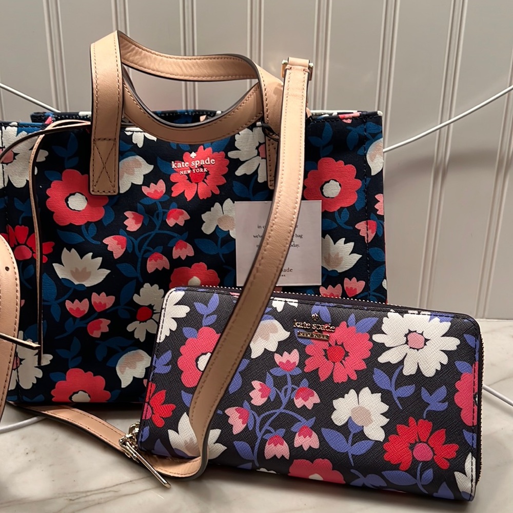 Kate Spade Washington Square Sam Canvas Bag + Lacey Zip Around Wallet Floral NWT